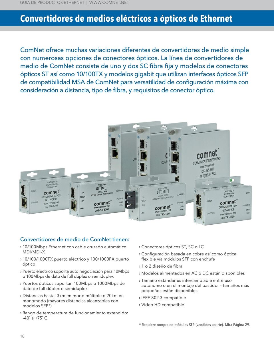 La línea de convertidores de medio de ComNet consiste de uno y dos SC fibra fija y modelos de conectores ópticos ST así como 10/100TX y modelos gigabit que utilizan interfaces ópticos SFP de