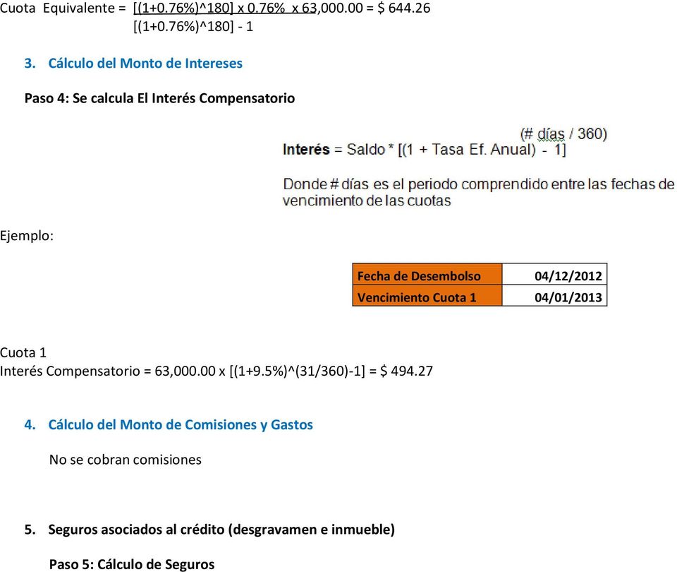 Vencimiento Cuota 1 04/01/2013 Cuota 1 Interés Compensatorio = 63,000.00 x [(1+9.5%)^(31/360)-1] = $ 494.27 4.
