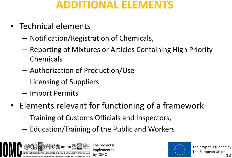 Permits Elements relevant for functioning of a framework Training of Customs Officials and Inspectors,