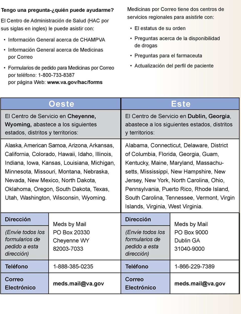 pedido para Medicinas por Correo por teléfono: 1-800-733-8387 por página Web: www.va.