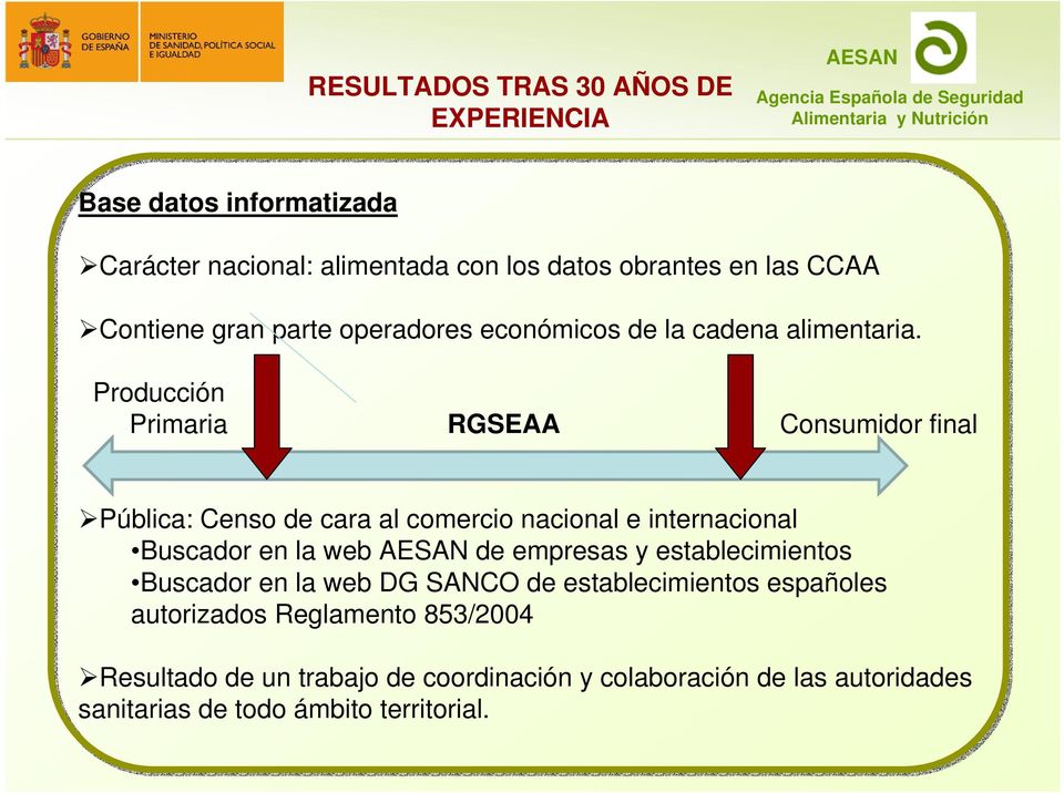 Producción Primaria RGSEAA Consumidor final Pública: Censo de cara al comercio nacional e internacional Buscador en la web de empresas y