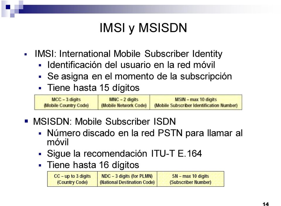 hasta 15 dígitos MSISDN: Mobile Subscriber ISDN Número discado en la red PSTN