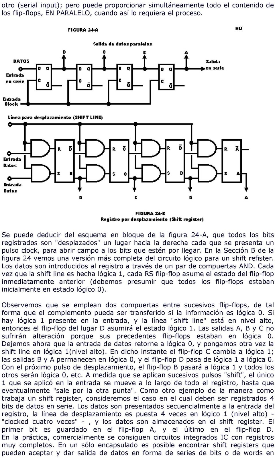 que estén por llegar. En la Sección B de la figura 24 vemos una versión más completa del circuito lógico para un shift refister.