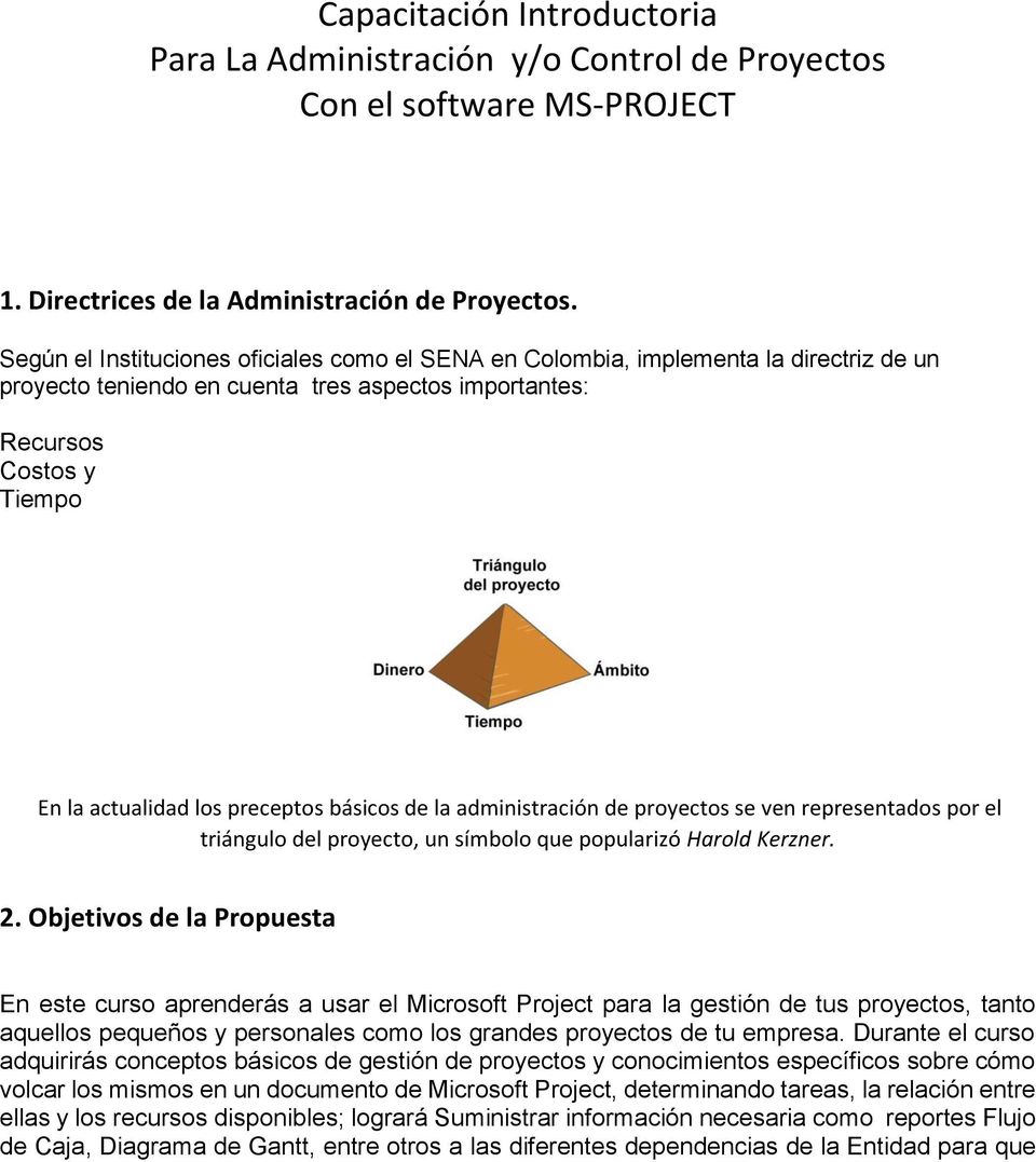 básicos de la administración de proyectos se ven representados por el triángulo del proyecto, un símbolo que popularizó Harold Kerzner. 2.