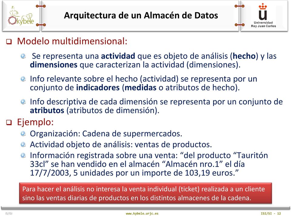 Info descriptiva de cada dimensión se representa por un conjunto de atributos (atributos de dimensión). Ejemplo: Organización: Cadena de supermercados.