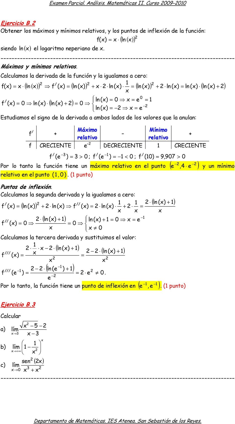 Calculamos la derivada de la función y la igualamos a cero: 1 f() ln ( ) f () ln() + ln () ln () + ln () ln () ln () + 0 ln () 0 e 1 f () 0 ln() ( ln() + ) 0 ln () e Estudiamos el gno de la derivada