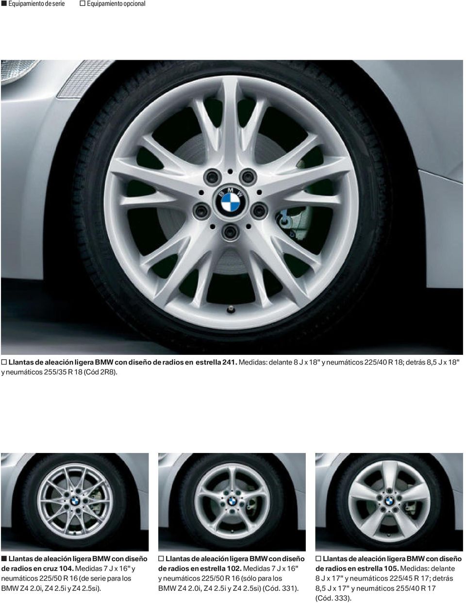 Medidas 7 J x 16" y neumáticos 225/50 R 16 (de serie para los BMW, y ). o Llantas de aleación ligera BMW con diseño de radios en estrella 102.