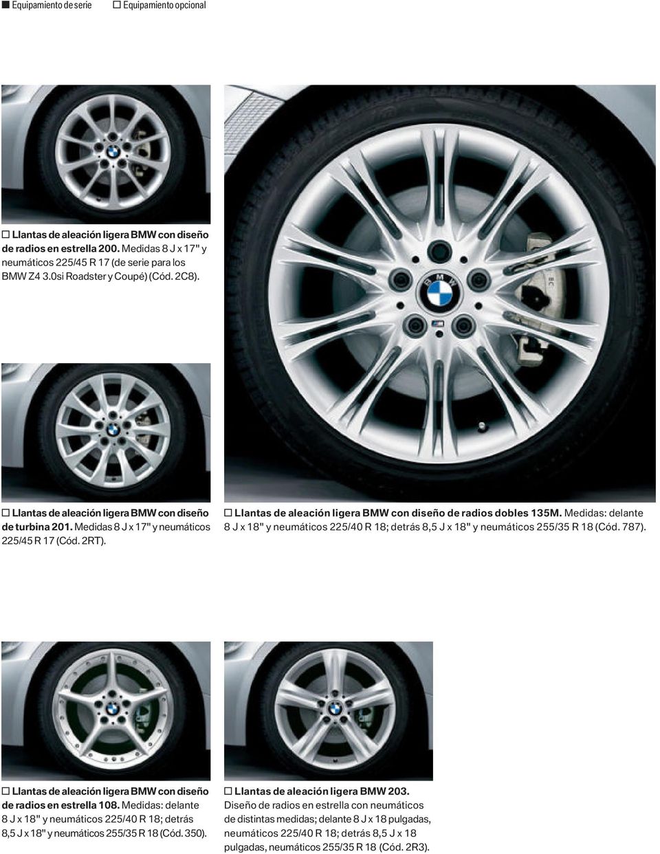 Medidas: delante 8 J x 18" y neumáticos 225/40 R 18; detrás 8,5 J x 18" y neumáticos 255/35 R 18 (Cód. 787). o Llantas de aleación ligera BMW con diseño de radios en estrella 108.