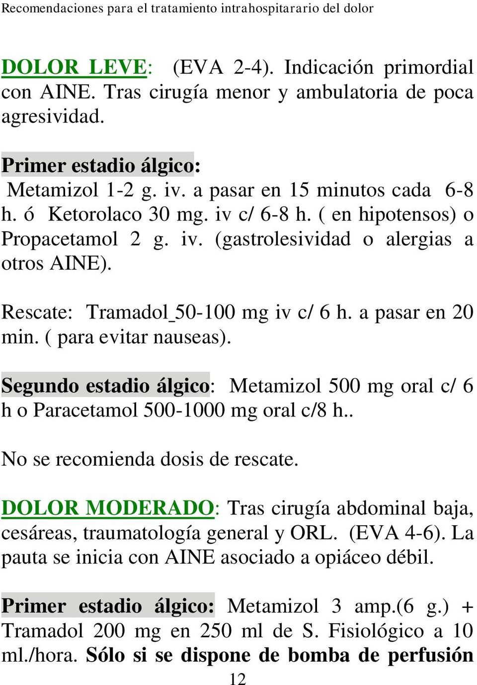 Segundo estadio álgico: Metamizol 500 mg oral c/ 6 h o Paracetamol 500-1000 mg oral c/8 h.. No se recomienda dosis de rescate.