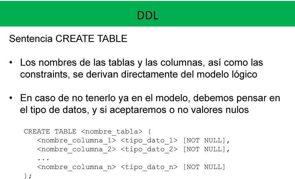 datos, y si aceptaremos o no valores nulos CREATE TABLE <nombre_tabla> ( <nombre_columna_1>