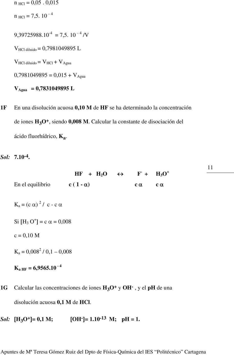 determinado la concentración de iones H 3 O +, siendo 0,008 M. Calcular la constante de disociación del ácido fluorhídrico, K a. Sol: 7.10-4.
