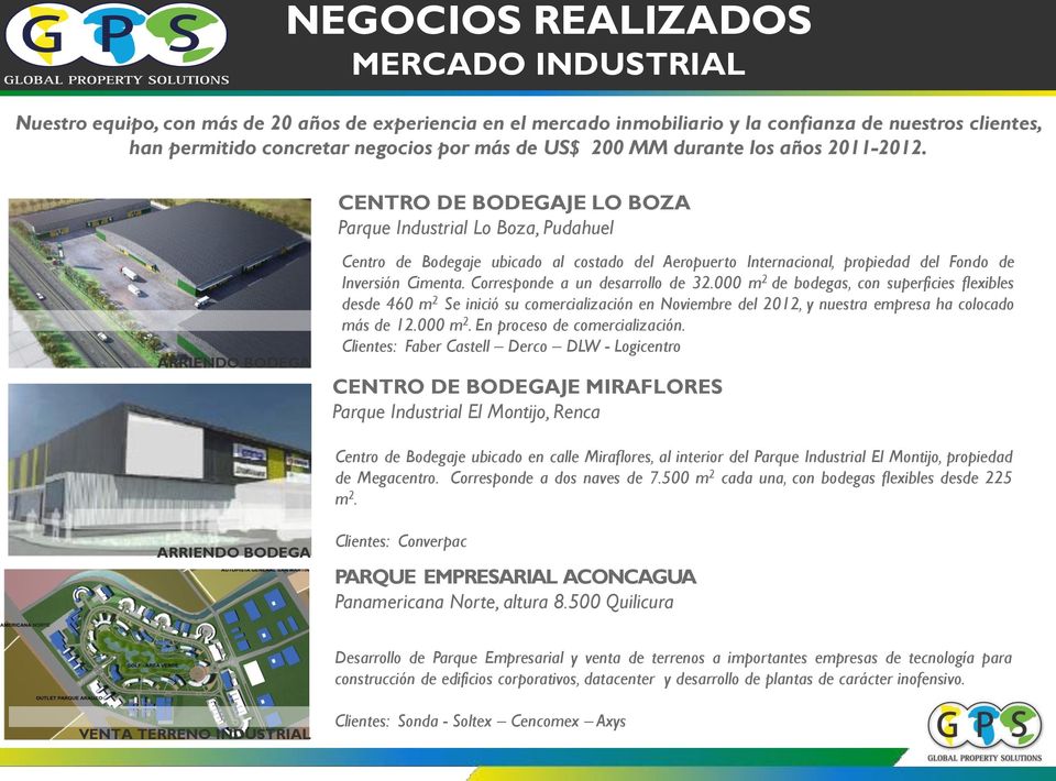 ARRIENDO BODEGA CENTRO DE BODEGAJE LO BOZA Parque Industrial Lo Boza, Pudahuel Centro de Bodegaje ubicado al costado del Aeropuerto Internacional, propiedad del Fondo de Inversión Cimenta.