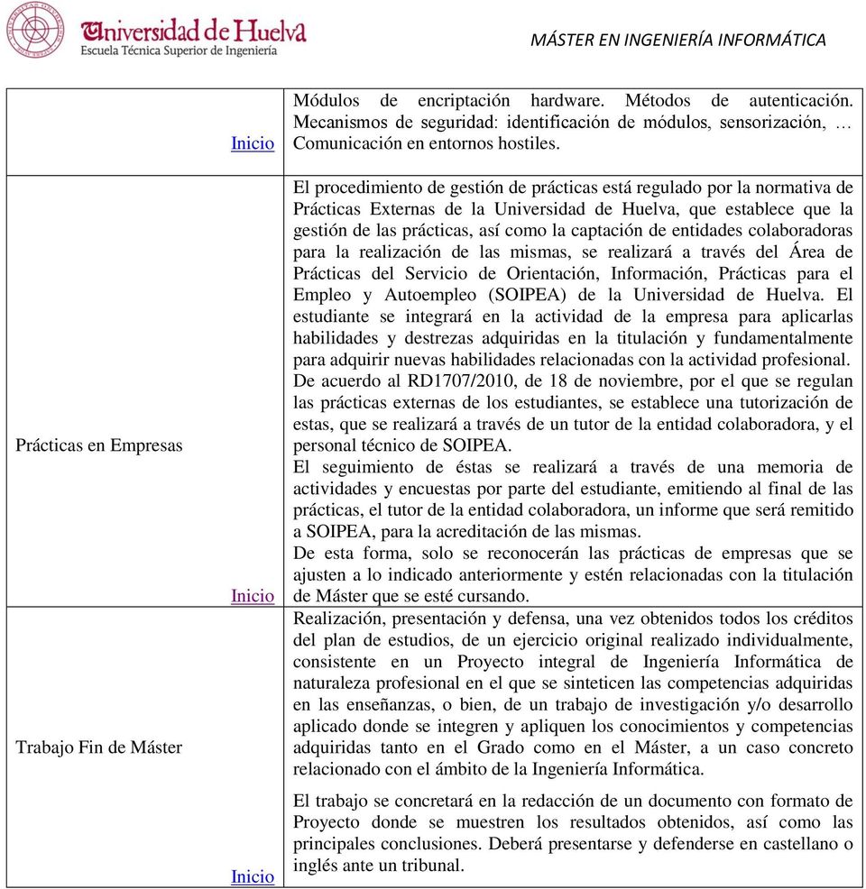El procedimiento de gestión de prácticas está regulado por la normativa de Prácticas Externas de la Universidad de Huelva, que establece que la gestión de las prácticas, así como la captación de