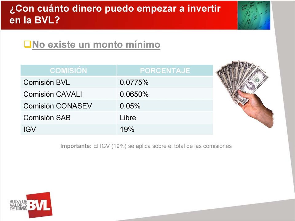 0775% Comisión CAVALI 0.0650% Comisión CONASEV 0.