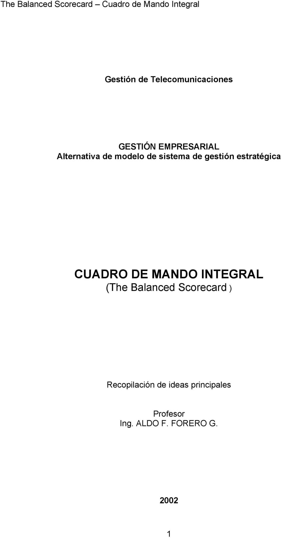 CUADRO DE MANDO INTEGRAL (The Balanced Scorecard )