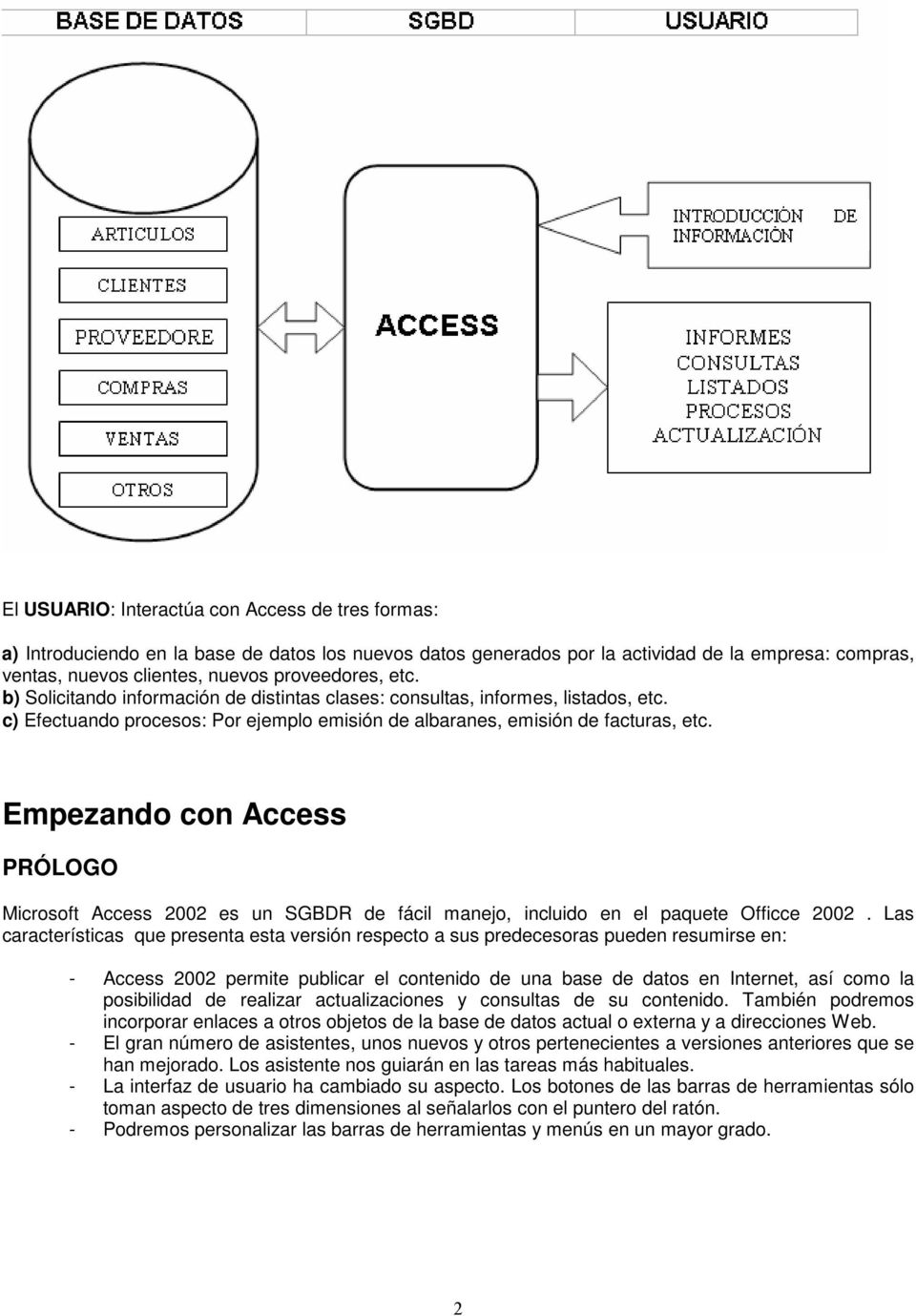 Empezando con Access PRÓLOGO Microsoft Access 2002 es un SGBDR de fácil manejo, incluido en el paquete Officce 2002.