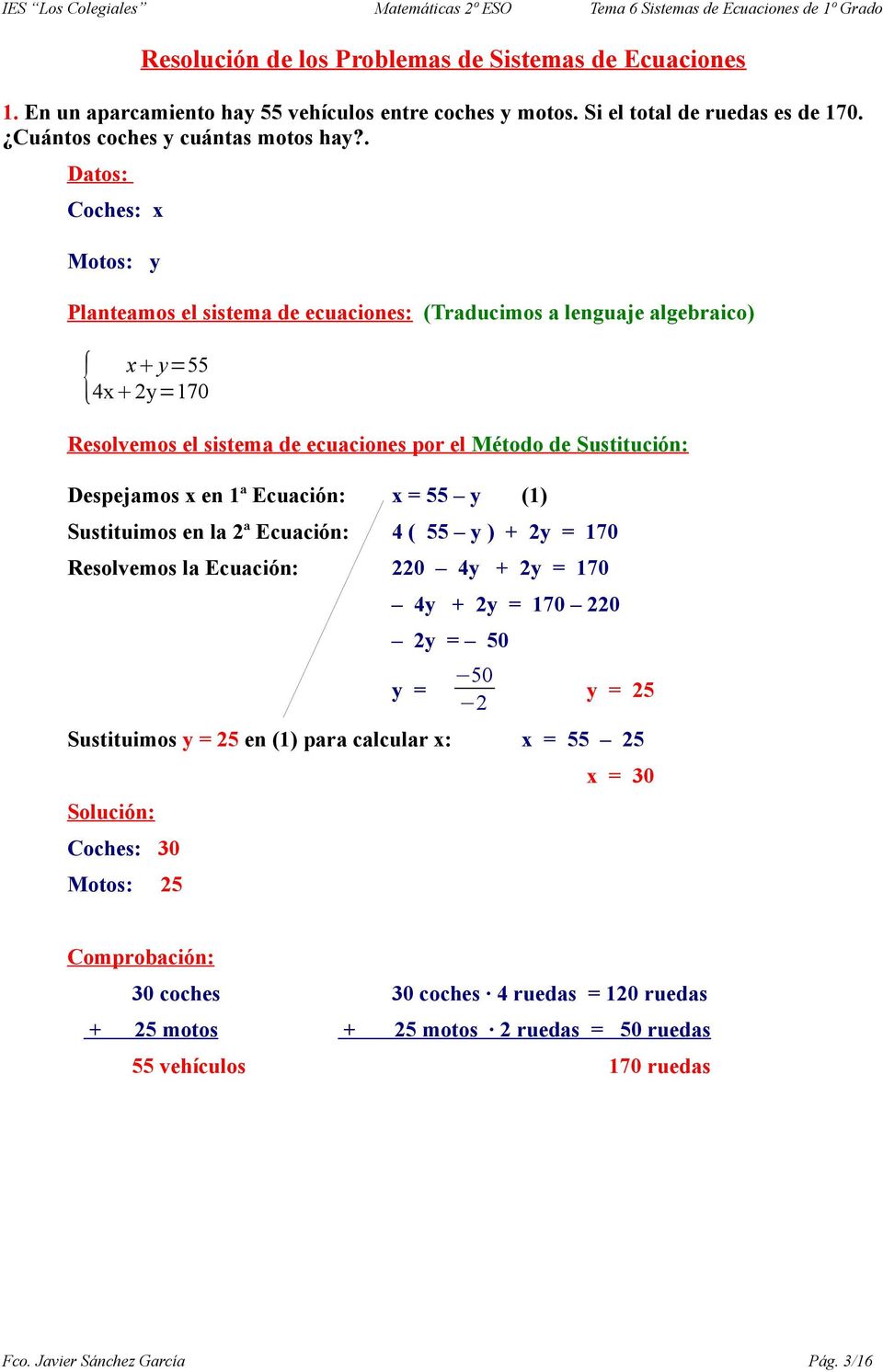 . Coches: x Motos: y x y=55 4x 2y=170 Resolvemos el sistema de ecuaciones por el Método de Sustitución: Despejamos x en 1ª Ecuación: x = 55 y (1) Sustituimos en la 2ª