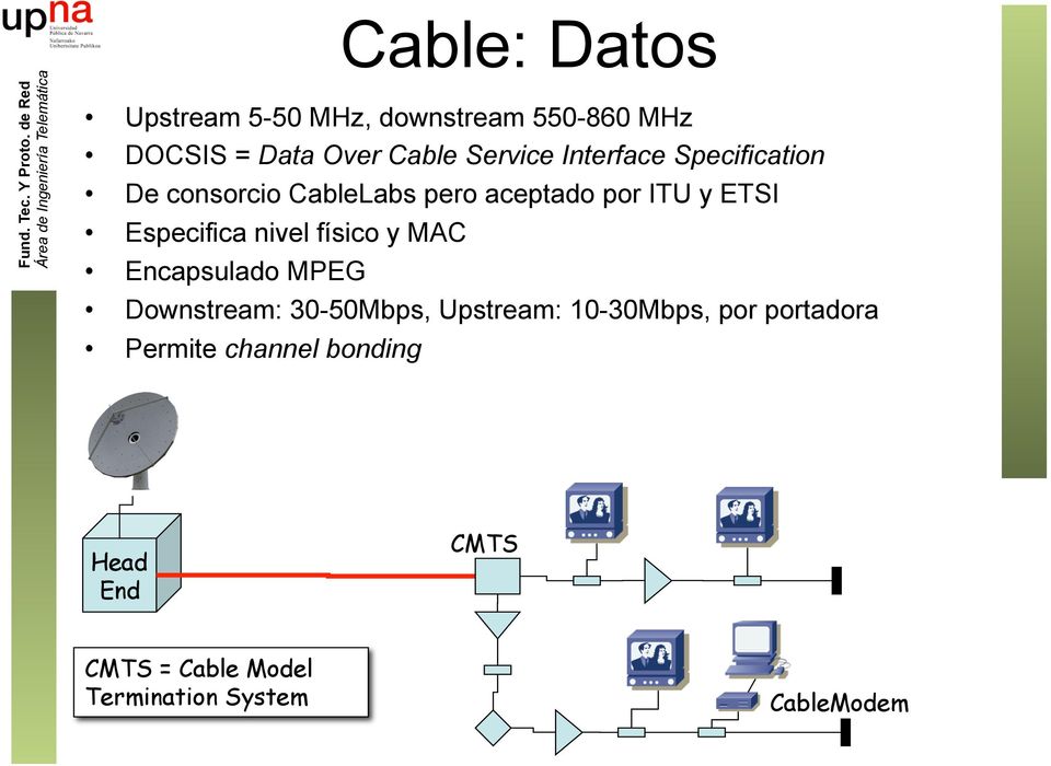 nivel físico y MAC Encapsulado MPEG Downstream: 30-50Mbps, Upstream: 10-30Mbps, por