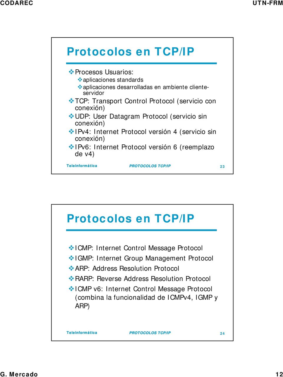 de v4) PROTOCOLOS TCP/IP 23 Protocolos en TCP/IP ICMP: Internet Control Message Protocol IGMP: Internet Group Management Protocol ARP: Address Resolution Protocol