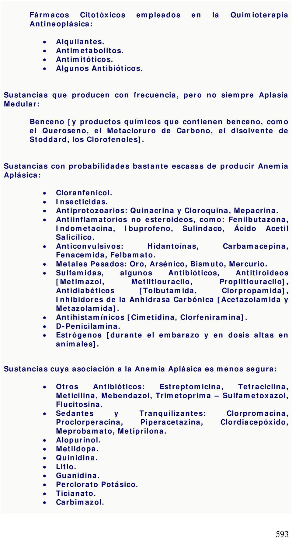 los Clorofenoles]. Sustancias con probabilidades bastante escasas de producir Anemia Aplásica: Cloranfenicol. Insecticidas. Antiprotozoarios: Quinacrina y Cloroquina, Mepacrina.