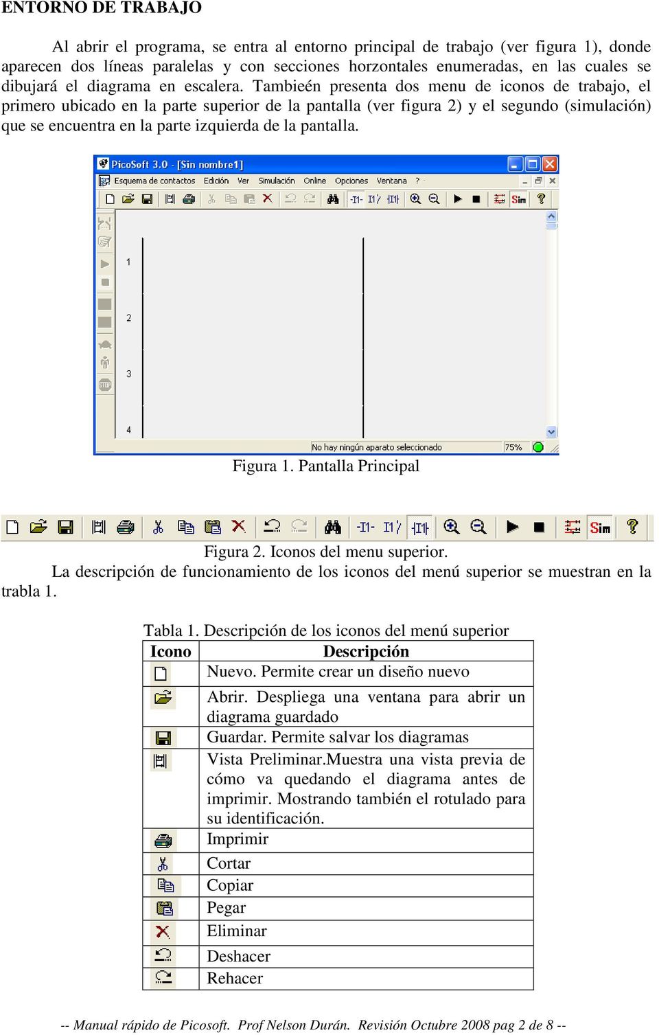 Tambieén presenta dos menu de iconos de trabajo, el primero ubicado en la parte superior de la pantalla (ver figura 2) y el segundo (simulación) que se encuentra en la parte izquierda de la pantalla.