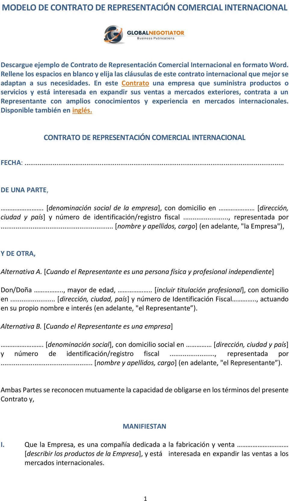 MODELO DE CONTRATO DE REPRESENTACIÓN COMERCIAL INTERNACIONAL - PDF  Descargar libre