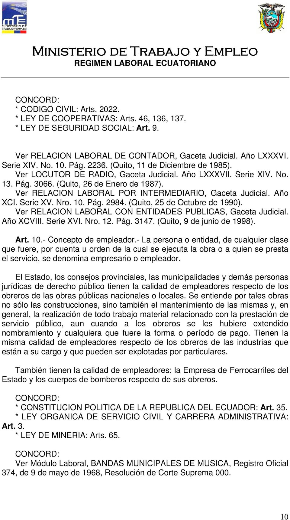 Ver RELACION LABORAL POR INTERMEDIARIO, Gaceta Judicial. Año XCI. Serie XV. Nro. 10. Pág. 2984. (Quito, 25 de Octubre de 1990). Ver RELACION LABORAL CON ENTIDADES PUBLICAS, Gaceta Judicial.