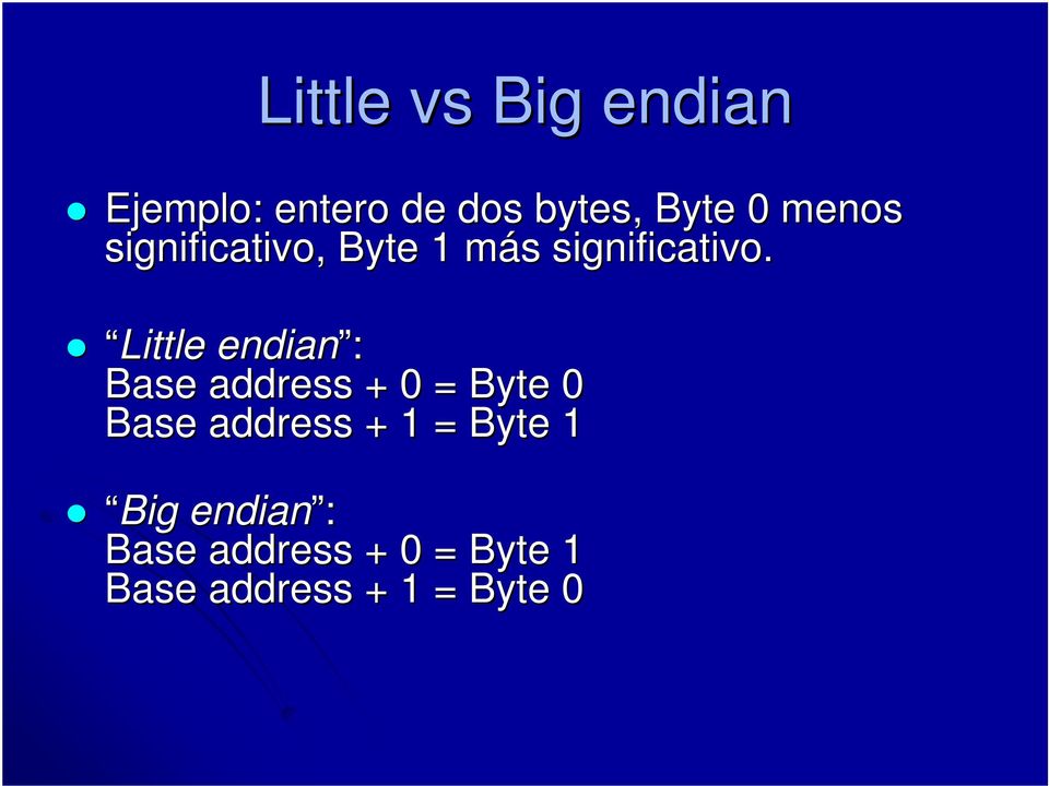 Little endian : Base address + 0 = Byte 0 Base address + 1