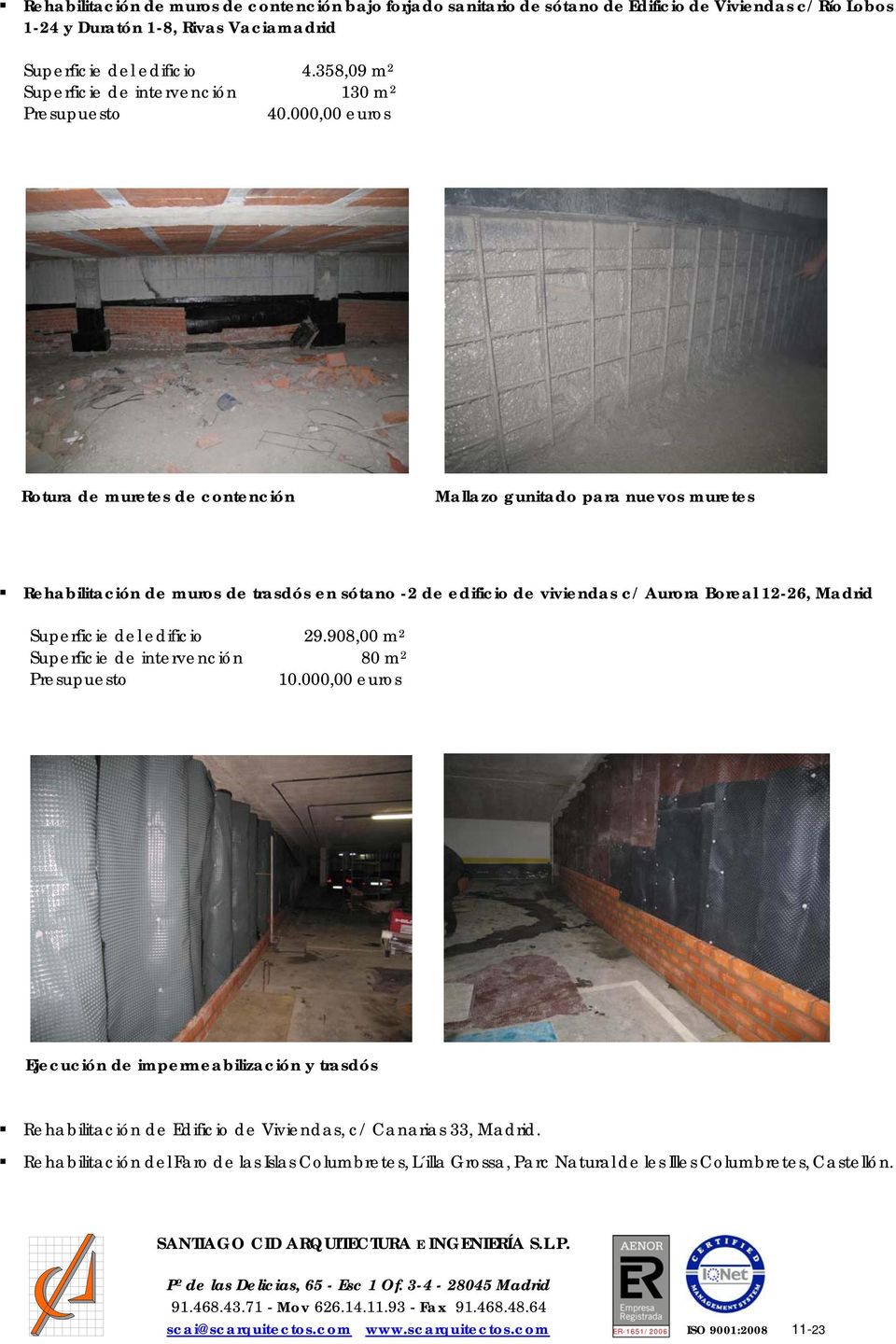 000,00 euros Rotura de muretes de contención Mallazo gunitado para nuevos muretes Rehabilitación de muros de trasdós en sótano -2 de edificio de viviendas c/ Aurora Boreal 12-26, Madrid Superficie
