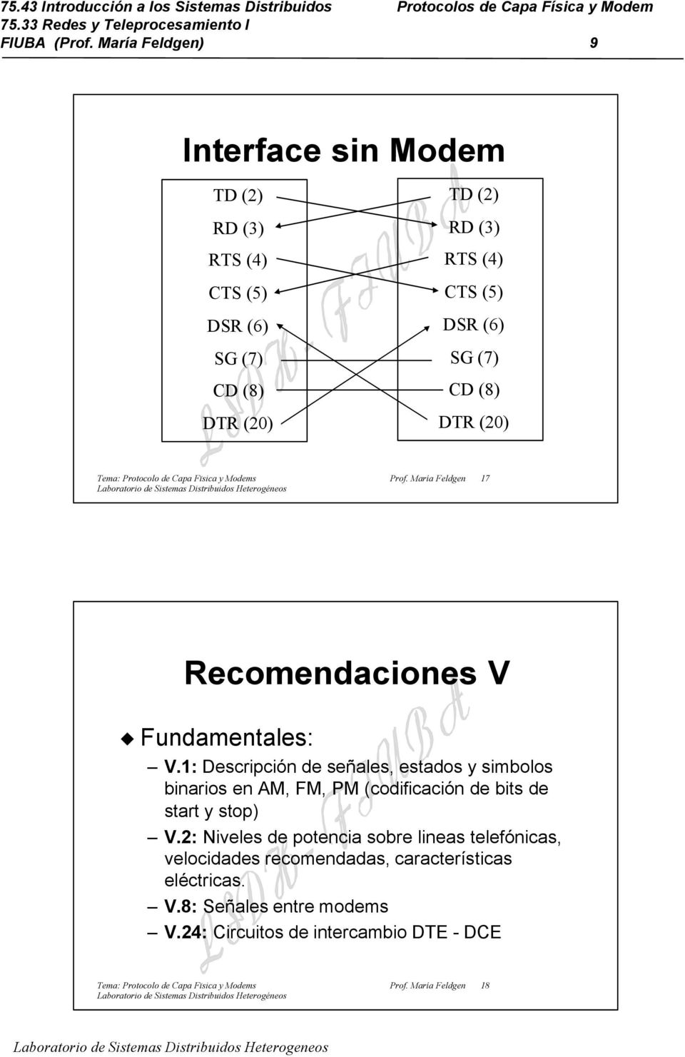 Protocolo de Capa Fïsica y Modems Prof. María Feldgen 17 Recomendaciones V Fundamentales: V.