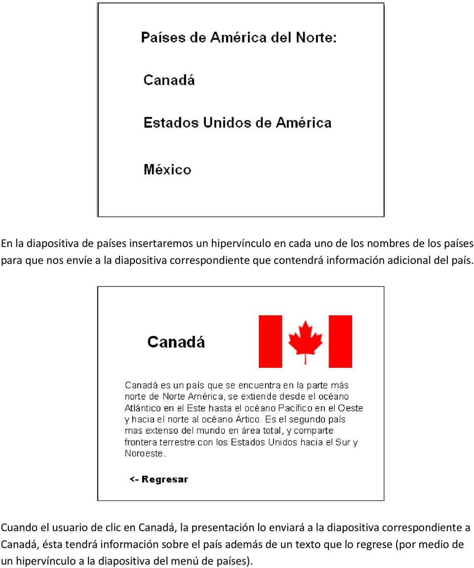 Cuando el usuario de clic en Canadá, la presentación lo enviará a la diapositiva correspondiente a Canadá,