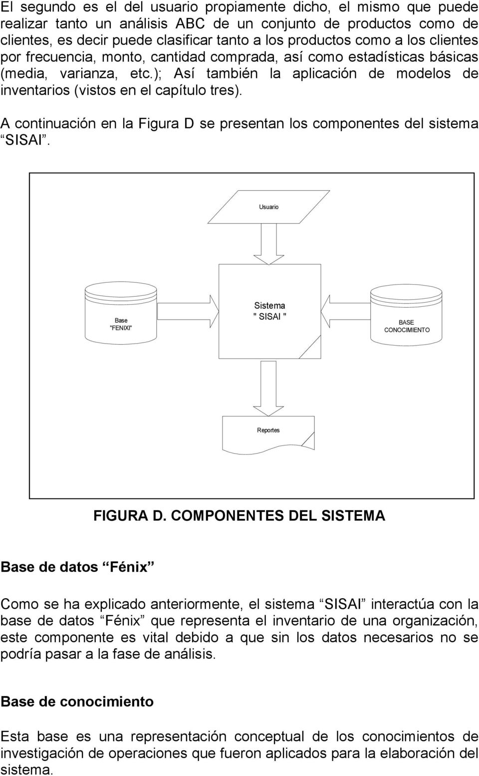 A continuación en la Figura D se presentan los componentes del sistema SISAI. Usuario Base "FENIXl" Sistema " SISAI " BASE CONOCIMIENTO Reportes FIGURA D.