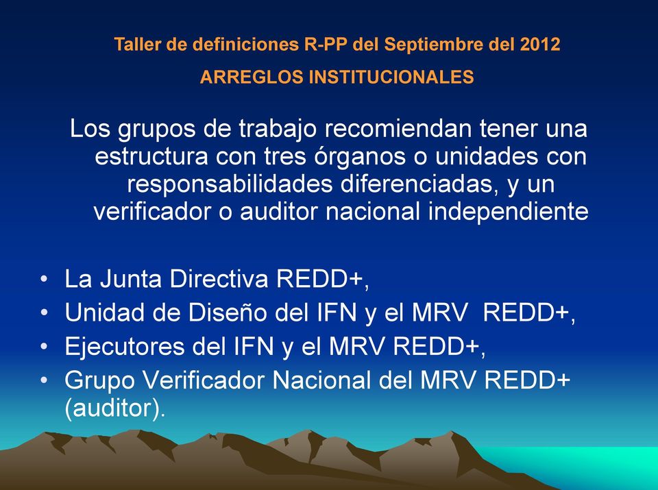 un verificador o auditor nacional independiente La Junta Directiva REDD+, Unidad de Diseño del IFN
