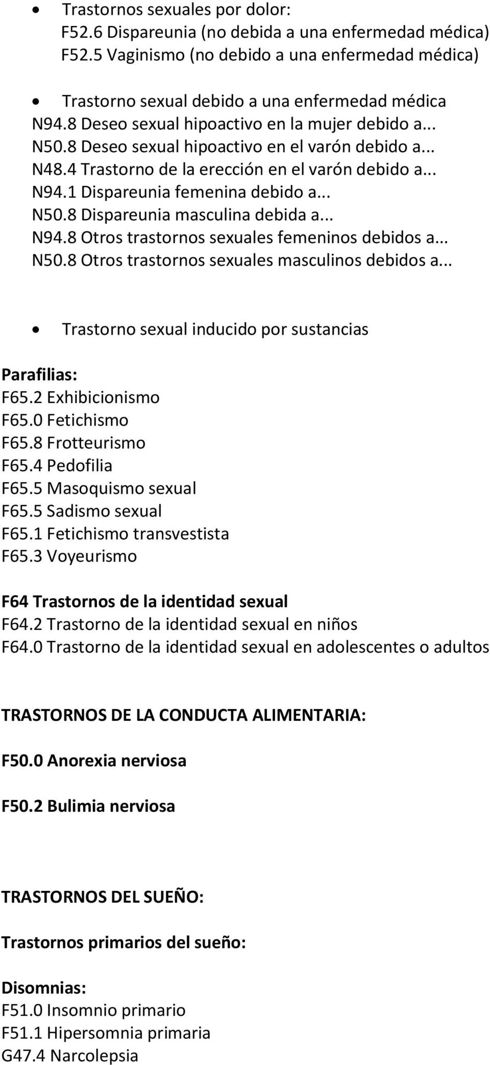 .. N94.8 Otros trastornos sexuales femeninos debidos a... N50.8 Otros trastornos sexuales masculinos debidos a... Trastorno sexual inducido por sustancias Parafilias: F65.2 Exhibicionismo F65.