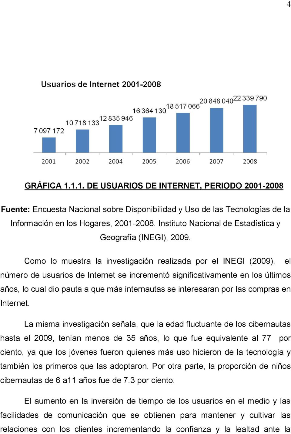 Como lo muestra la investigación realizada por el INEGI (2009), el número de usuarios de Internet se incrementó significativamente en los últimos años, lo cual dio pauta a que más internautas se