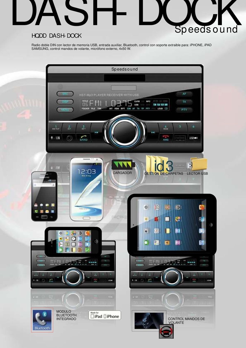 SAMSUNG, control mandos de volante, micrófono externo, 4x50 W.