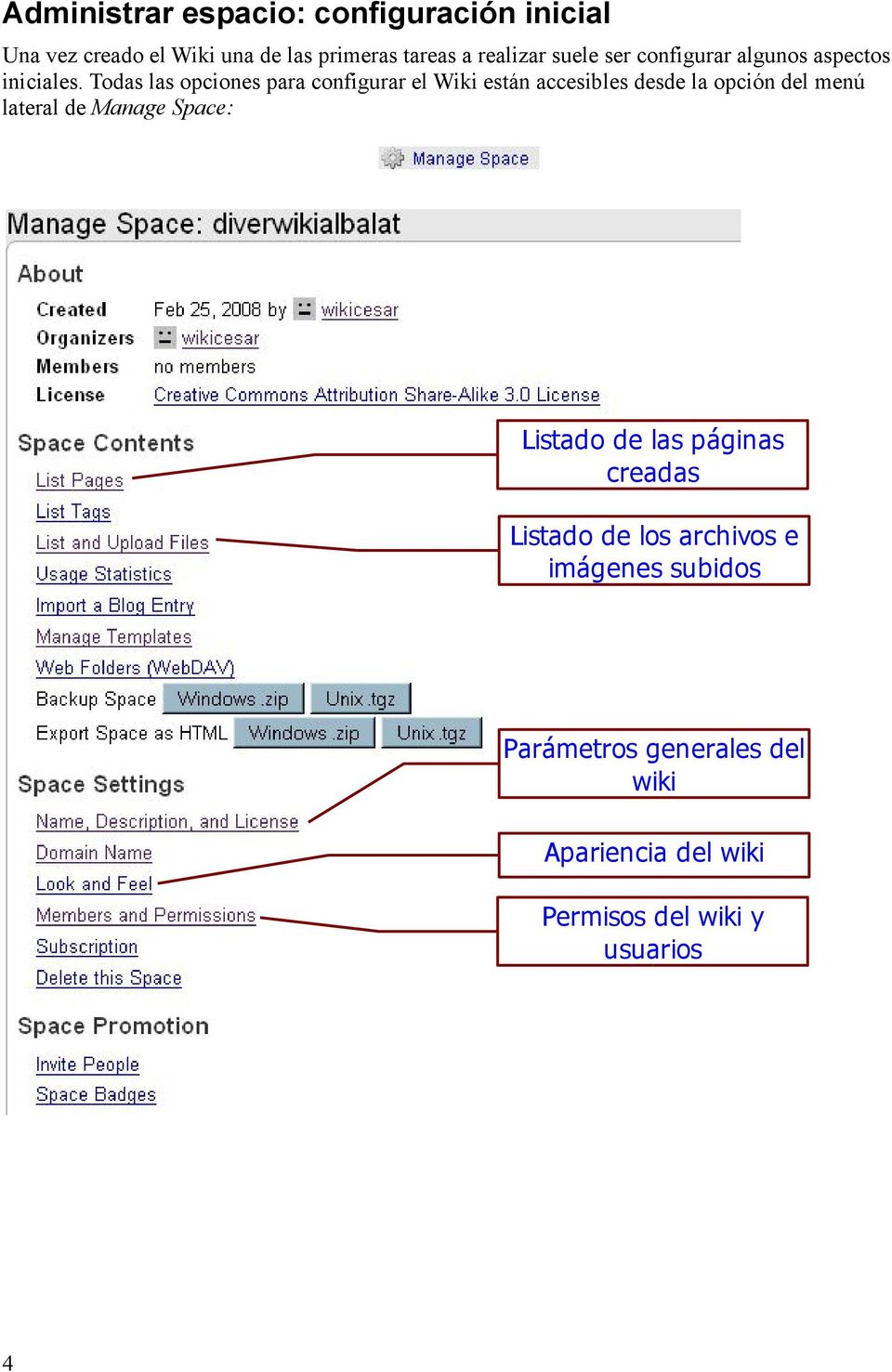 Todas las opciones para configurar el Wiki están accesibles desde la opción del menú lateral de Manage