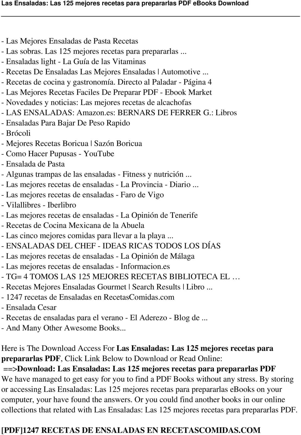 Directo al Paladar - Página 4 - Las Mejores Recetas Faciles De Preparar PDF - Ebook Market - Novedades y noticias: Las mejores recetas de alcachofas - LAS ENSALADAS: Amazon.es: BERNARS DE FERRER G.