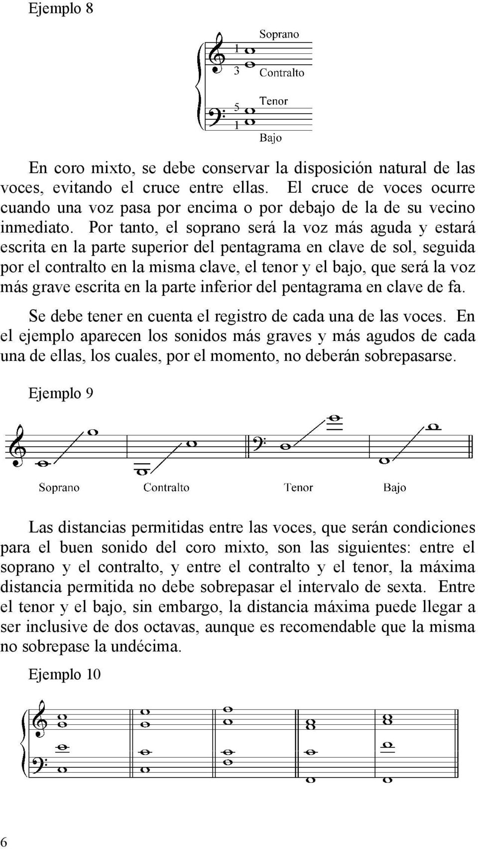 Por tanto, el soprano será la voz más aguda y estará escrita en la parte superior del pentagrama en clave de sol, seguida por el contralto en la misma clave, el tenor y el bajo, que será la voz más
