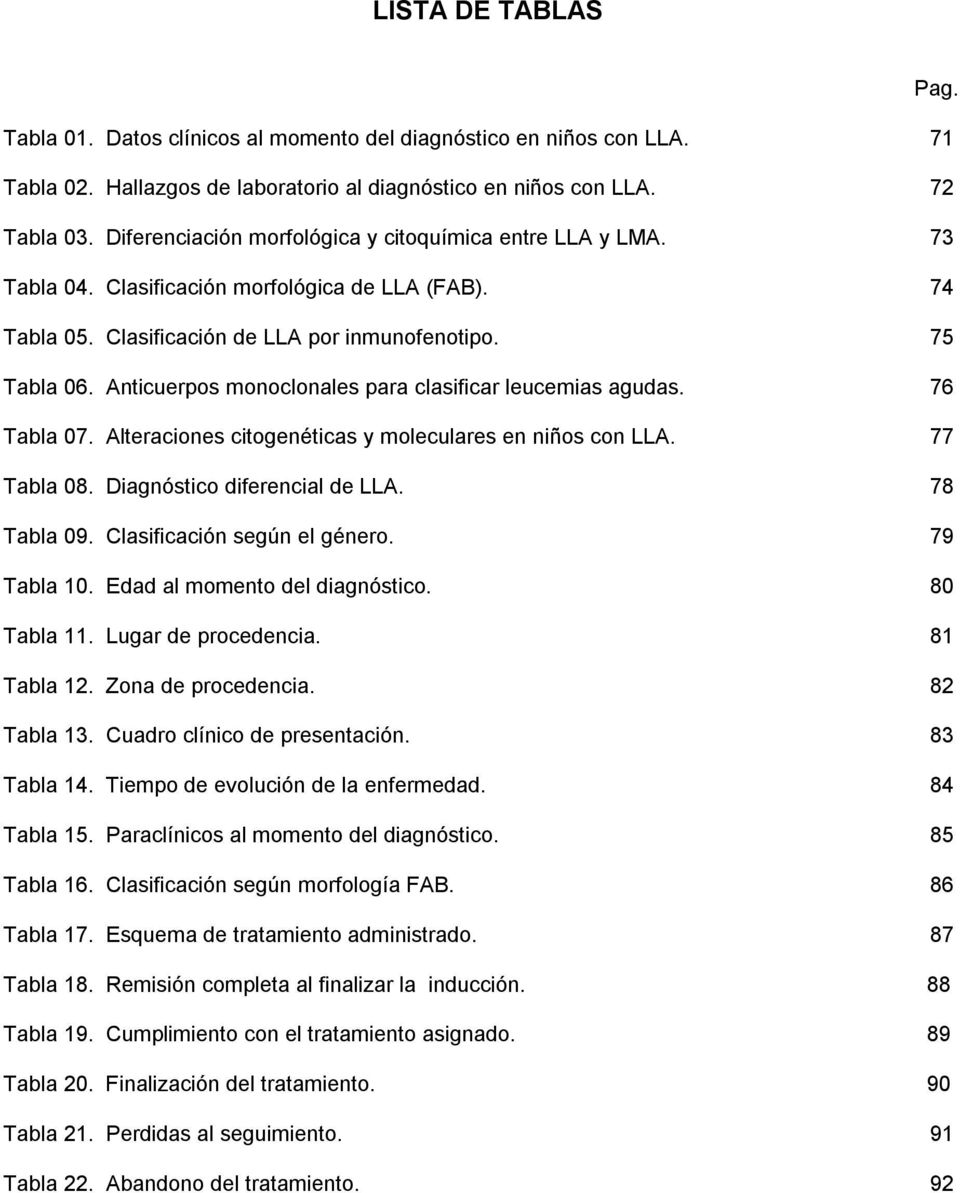 Anticuerpos monoclonales para clasificar leucemias agudas. 76 Tabla 07. Alteraciones citogenéticas y moleculares en niños con LLA. 77 Tabla 08. Diagnóstico diferencial de LLA. 78 Tabla 09.