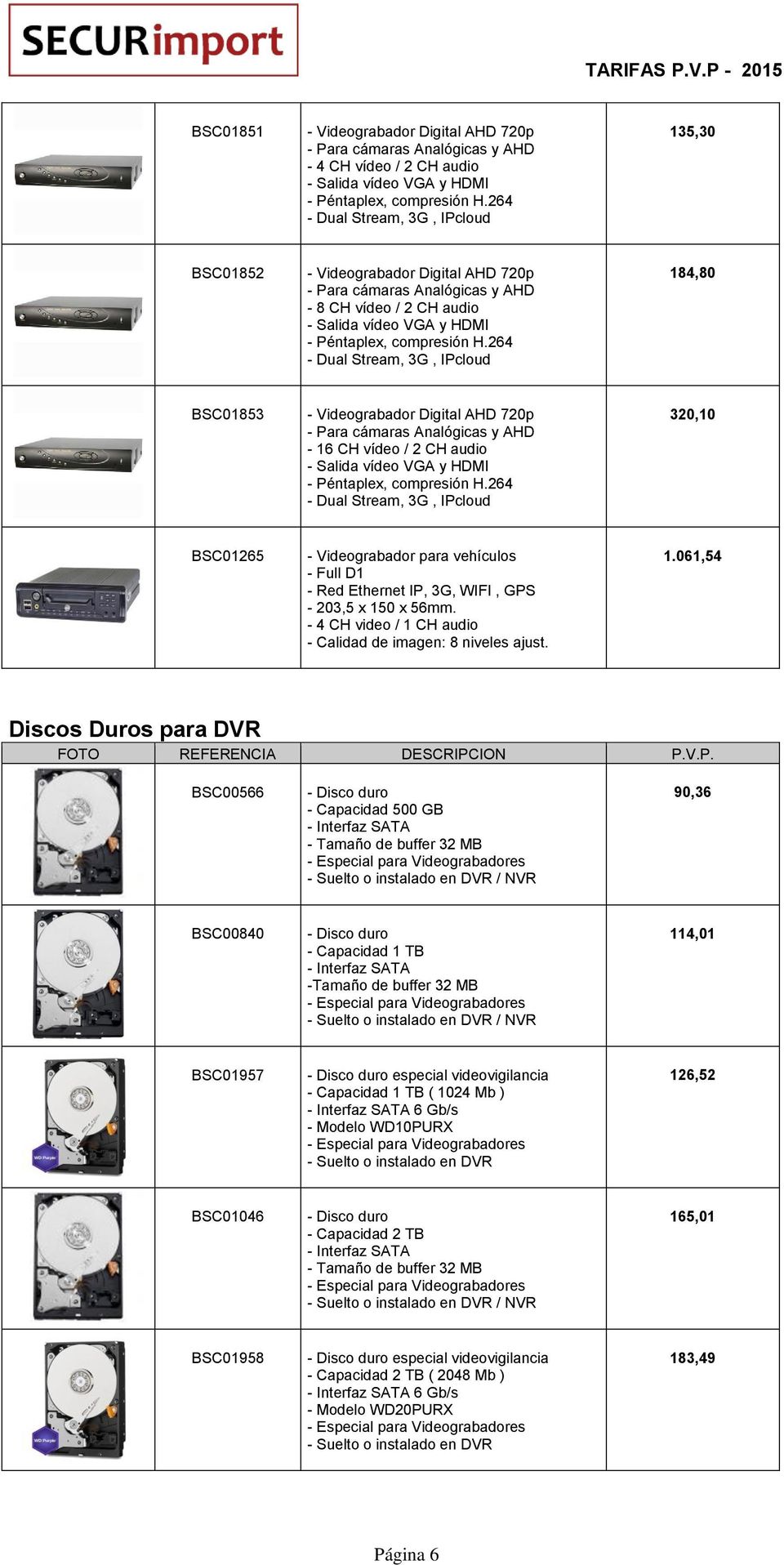264 - Dual Stream, 3G, IPcloud 184,80 BSC01853 - Videograbador Digital AHD 720p - Para cámaras Analógicas y AHD - 16 CH vídeo / 2 CH audio - Salida vídeo VGA y HDMI - Péntaplex, compresión H.