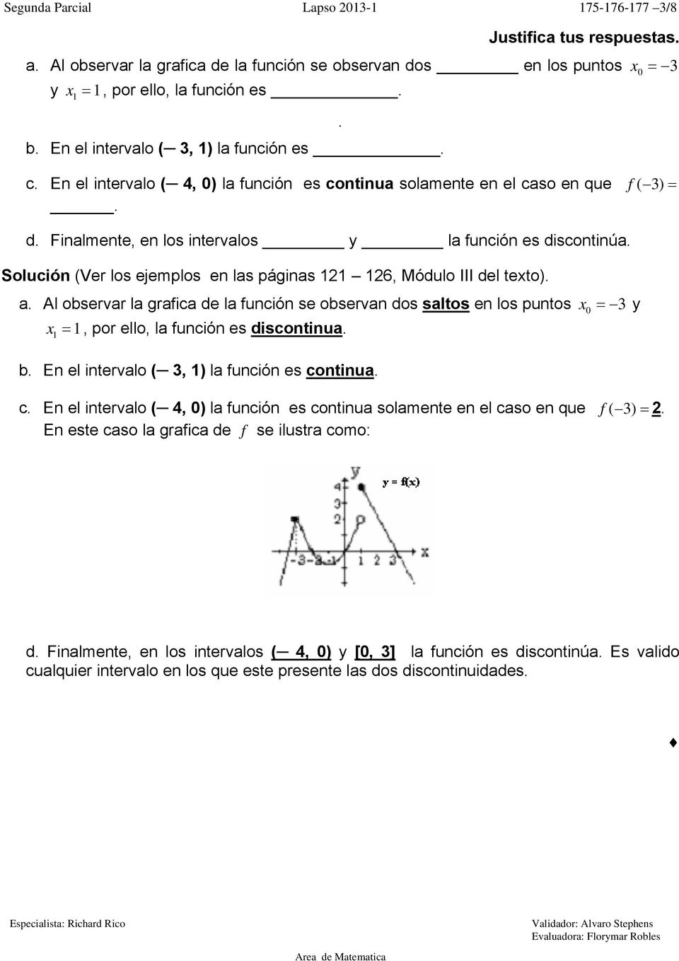 (Ver los ejemplos en las páginas 121 126, Módulo III del texto). a. Al observar la grafica de la función se observan dos saltos en los puntos x 0 = 3 y x 1 = 1, por ello, la función es discontinua. b.