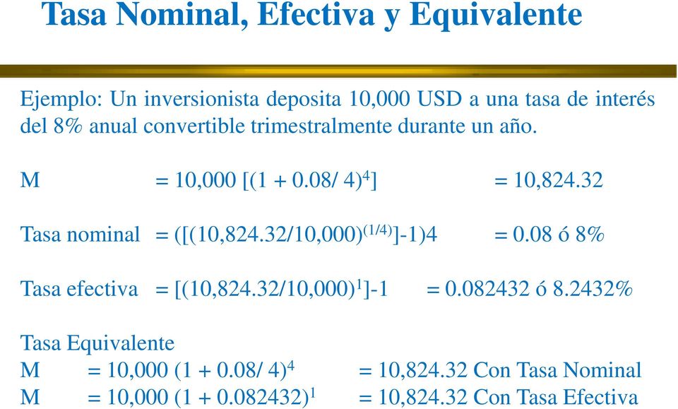 32 Tasa nominal = ([(10,824.32/10,000) (1/4) ]-1)4 = 0.08 ó 8% Tasa efectiva = [(10,824.32/10,000) 1 ]-1 = 0.
