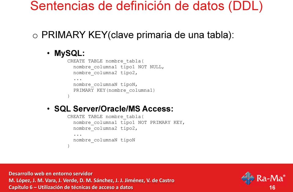 .. nombre_columnan tipon, PRIMARY KEY(nombre_columna1) ) SQL Server/Oracle/MS Access: CREATE