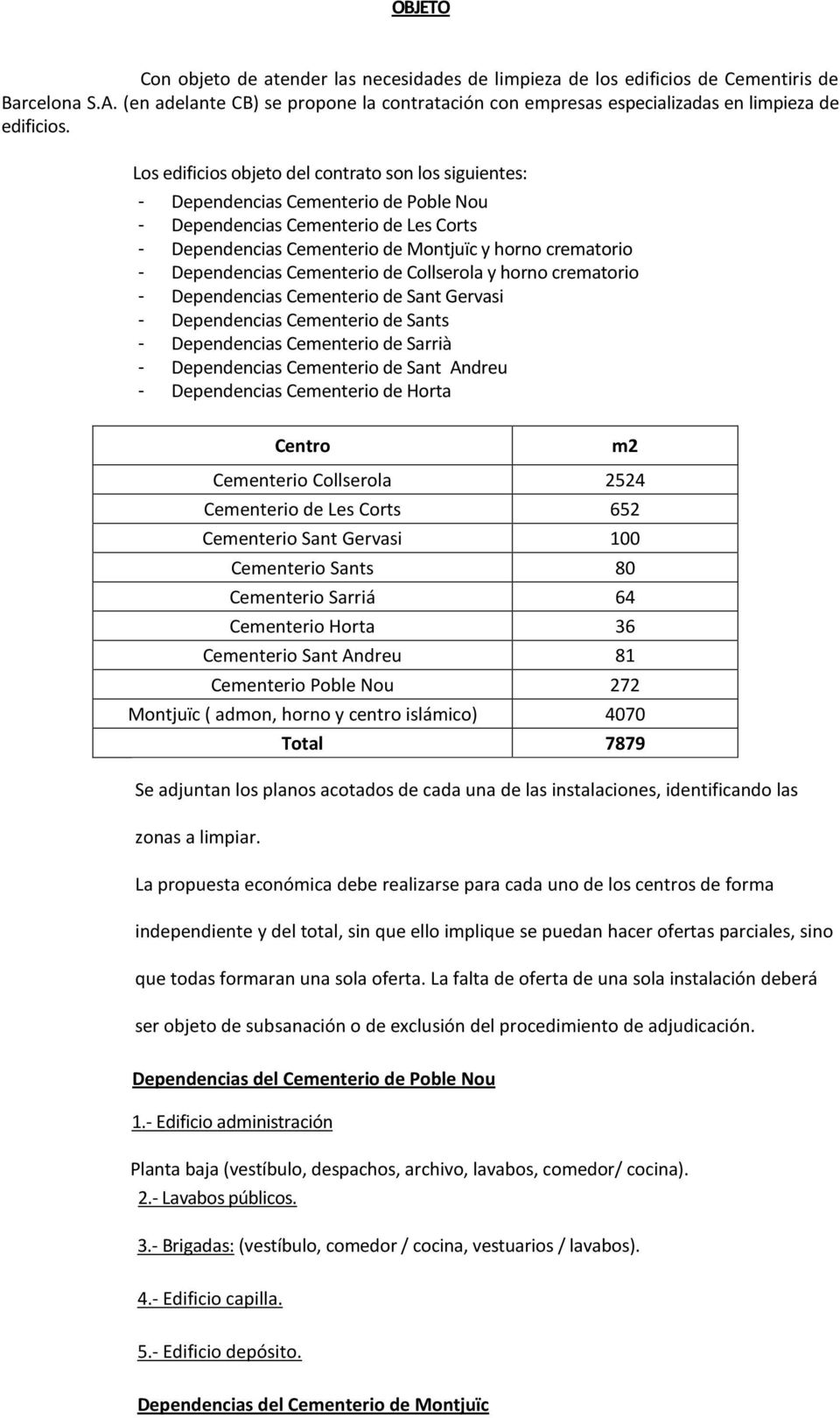 Los edificios objeto del contrato son los siguientes: - Dependencias Cementerio de Poble Nou - Dependencias Cementerio de Les Corts - Dependencias Cementerio de Montjuïc y horno crematorio -