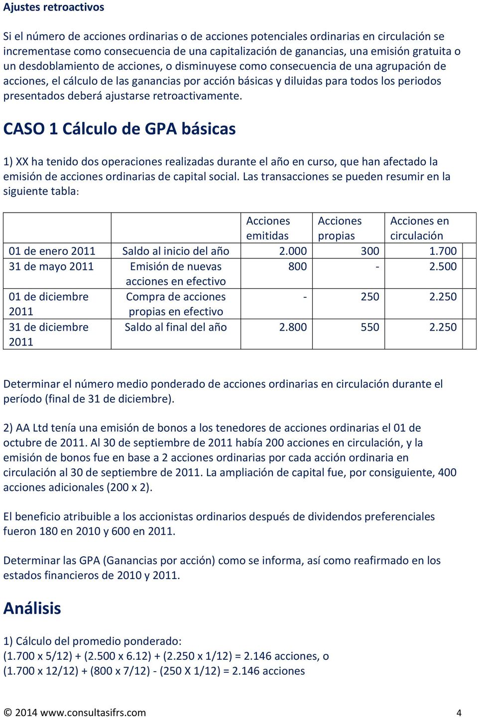 ajustarse retroactivamente. CASO 1 Cálculo de GPA básicas 1) XX ha tenido dos operaciones realizadas durante el año en curso, que han afectado la emisión de acciones ordinarias de capital social.