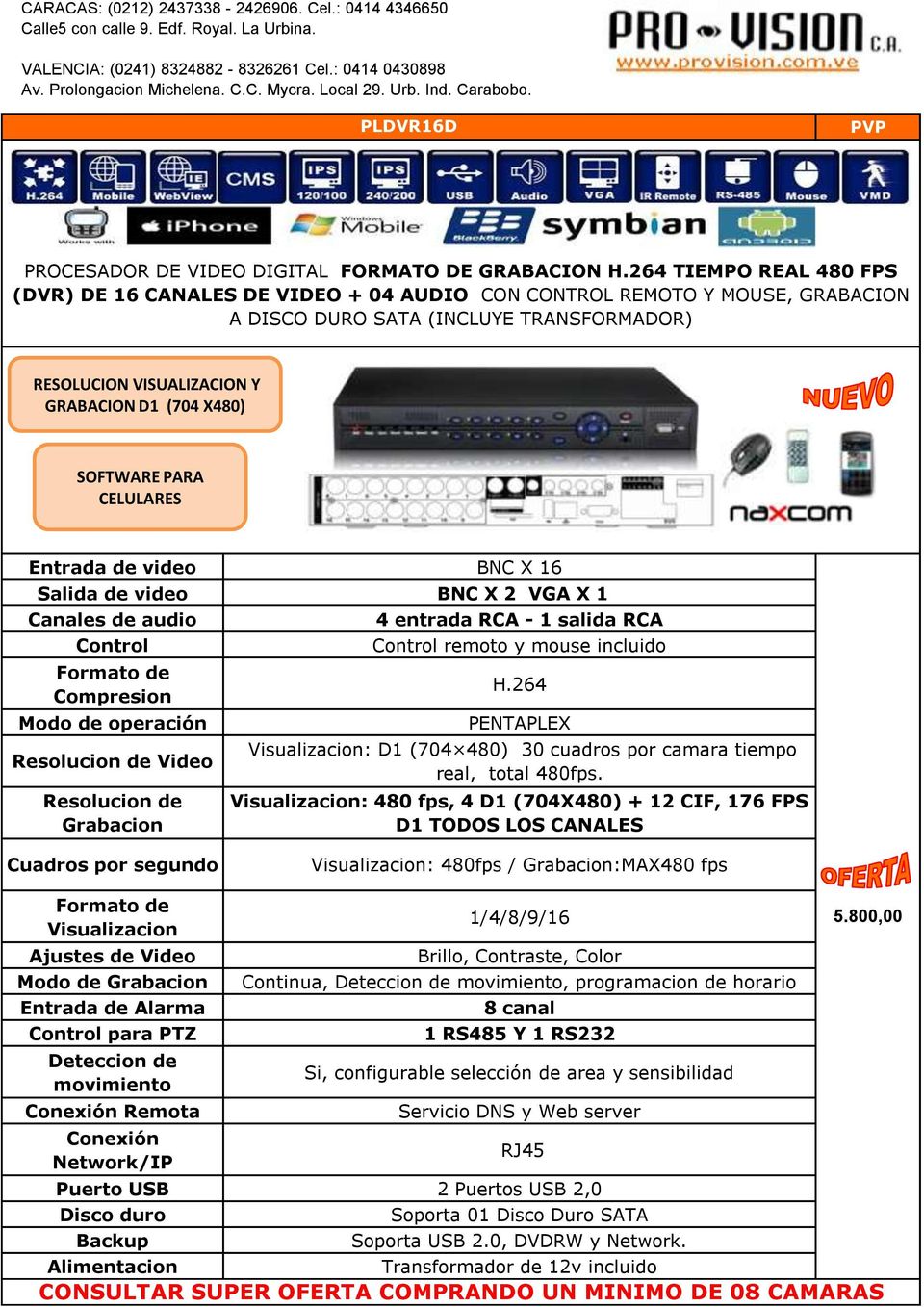SOFTWARE PARA CELULARES Entrada de video BNC X 16 Salida de video BNC X 2 VGA X 1 Canales de audio Control Formato de Compresion Modo de operación Resolucion de Video Resolucion de Grabacion 4