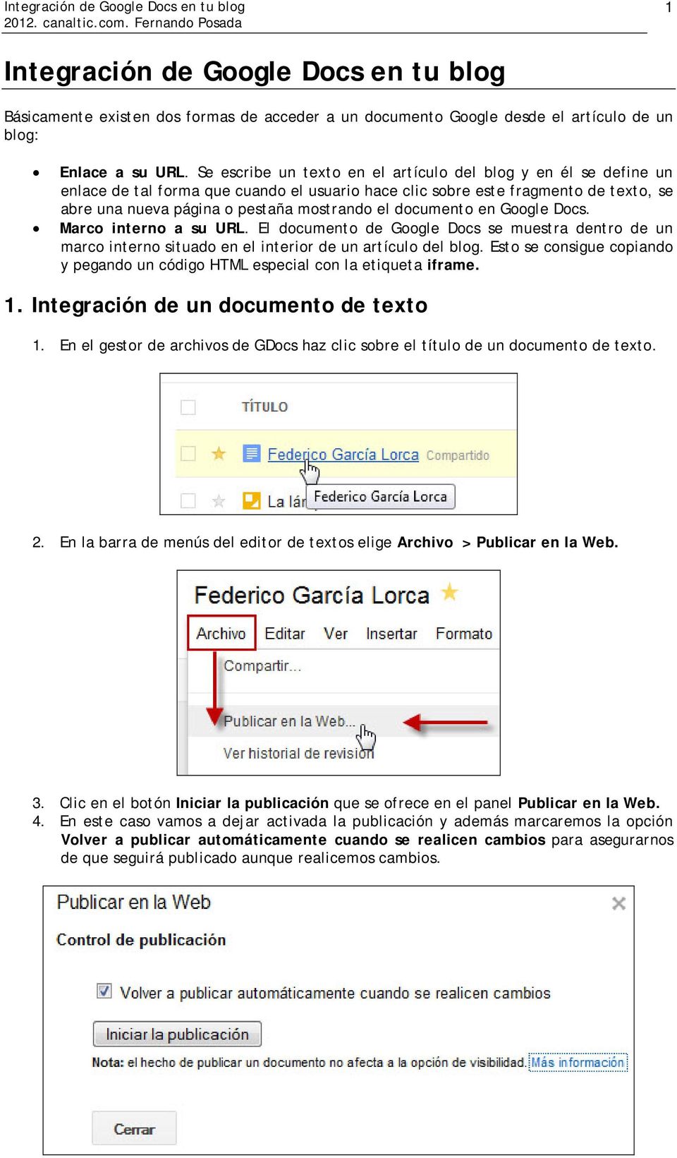 documento en Google Docs. Marco interno a su URL. El documento de Google Docs se muestra dentro de un marco interno situado en el interior de un artículo del blog.