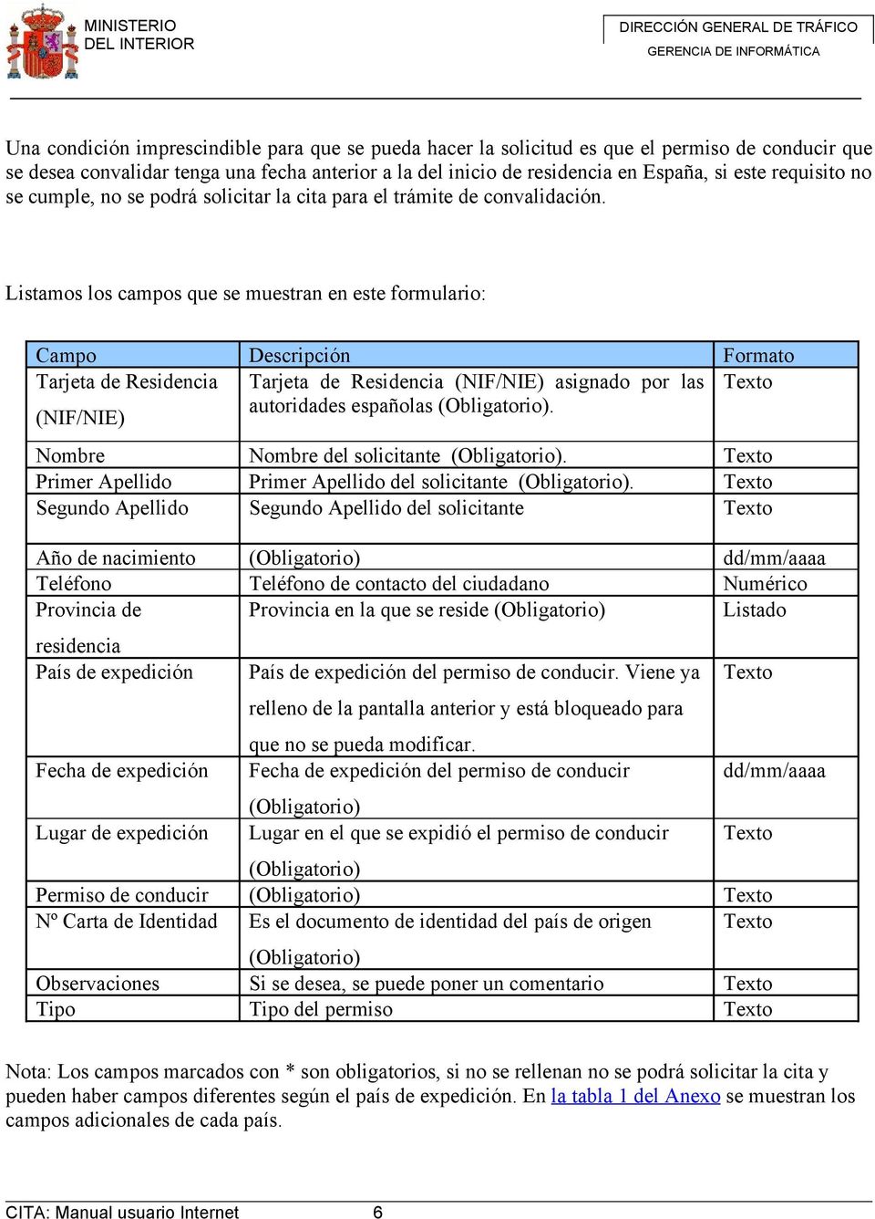 Listamos los campos que se muestran en este formulario: Campo Descripción Formato Tarjeta de Residencia Tarjeta de Residencia (NIF/NIE) asignado por las Texto (NIF/NIE) autoridades españolas