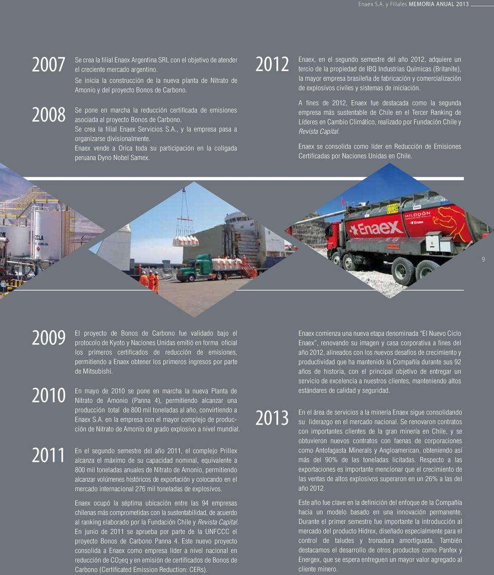 civiles y sistemas de iniciación. 2008 Se pone en marcha la reducción certificada de emisiones asociada al proyecto Bonos de Carbono. Se crea la filial Enaex Servicios S.A.